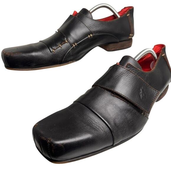 Fly London Square Toe Single Monk Strap Black Leather Men Shoes Sz 45 11.5-12 US - Picture 1 of 16